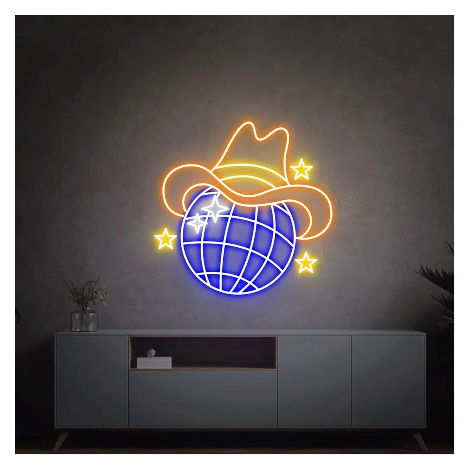 LEMST Signs Lamp Retro Disco Ball Neon Signs USB Powered, Adjustable Brightness Neon Lights Cowboy Hat Suitable for Shop Decor Commercial Light(D,50cmx50cm)