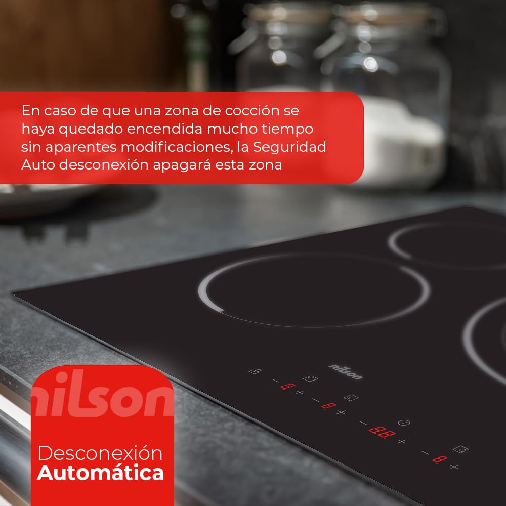 Nilson Placa Vitrocerámica Cristal Negro NV3600. Potencia máx. 5700 W, 3 Zonas de Cocción, 9 Niveles de Cocción, Control Táctil, Bloqueo y Autodesconexión de Seguridad