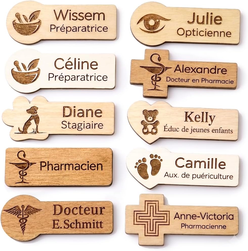 Badge en bois personnalisé thème au choix, prénom et métier, nom et profession, pharmacien