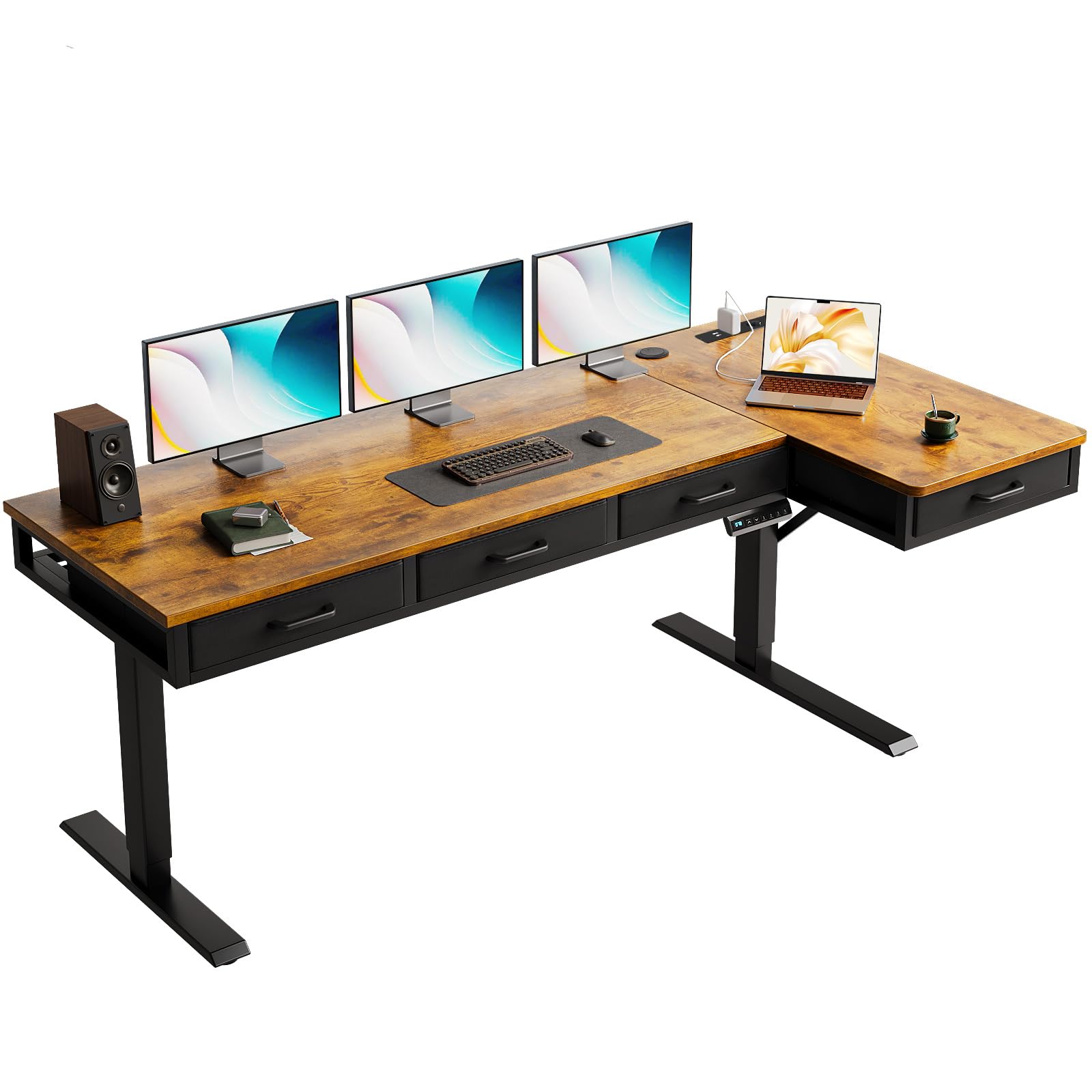 OffiGo Eckschreibtisch Höhenverstellbar, 160x80 cm Höhenverstellbarer Schreibtisch mit 4 Schublade, Elektrischer Tisch L Form mit Steckdose für Büro und Arbeitszimmer, Groß Ecktisch Vintage Braun