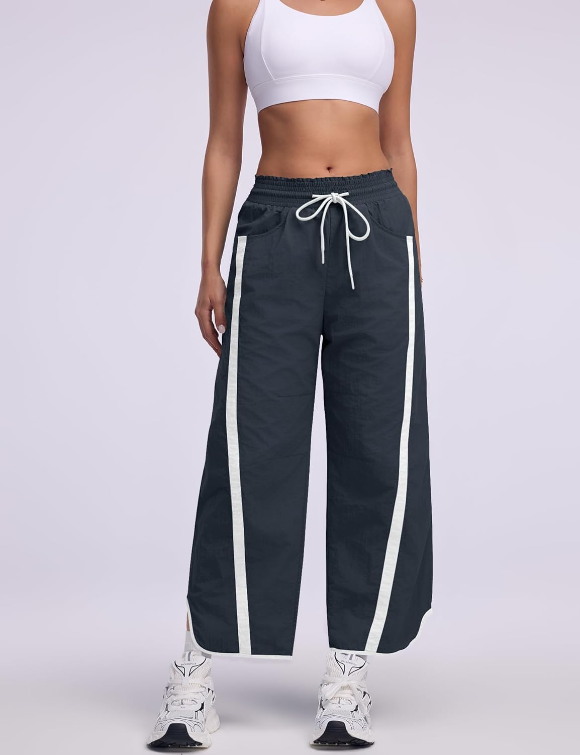 LOMON Womens Baggy Wide Leg Pants 2026 Lightweight Drawstring Contrast Color Elastic Waisted Y2K Track Pants with Pockets - Image 4