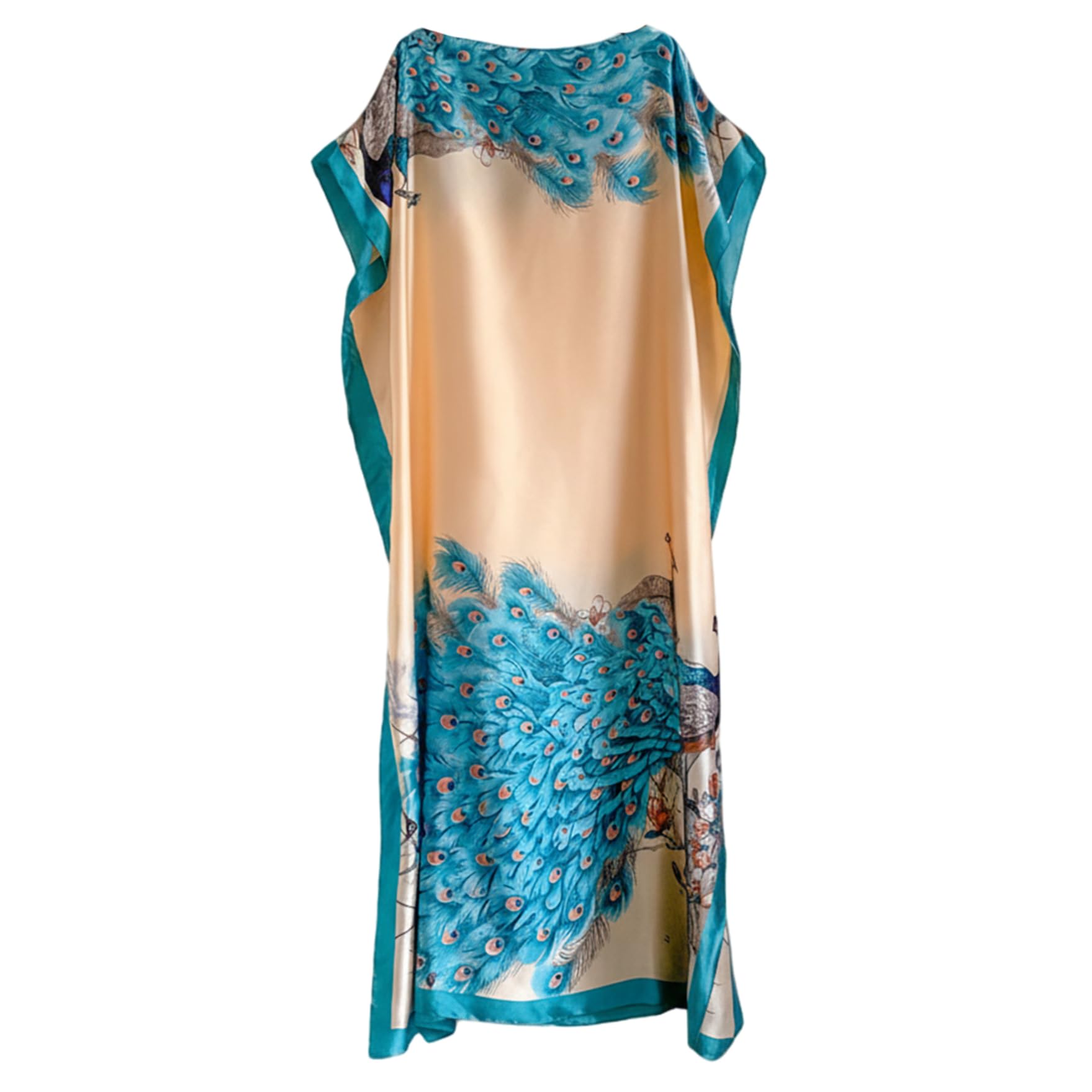 Uanqfegy Simulated Silk Caftan Dresses for Women – Kaftan Beach Resort Cover Up with Matching Scarf(peacock Lake Blue)
