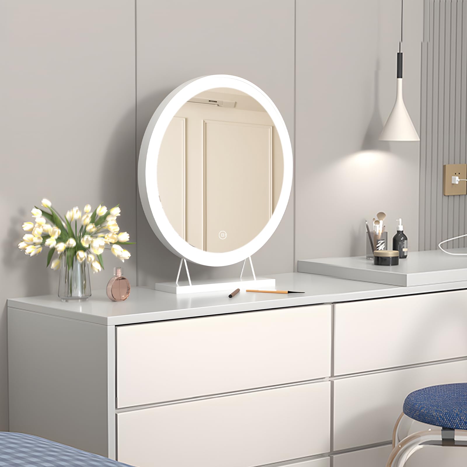 Heilmetz Schminkspiegel mit Beleuchtung Rund Φ48cm, LED Hollywood Spiegel mit Beleuchtung, Dimmbar 3 Lichtfarben, Touch Schalter, Makeup Kosmetikspiegel mit Licht - Weiß