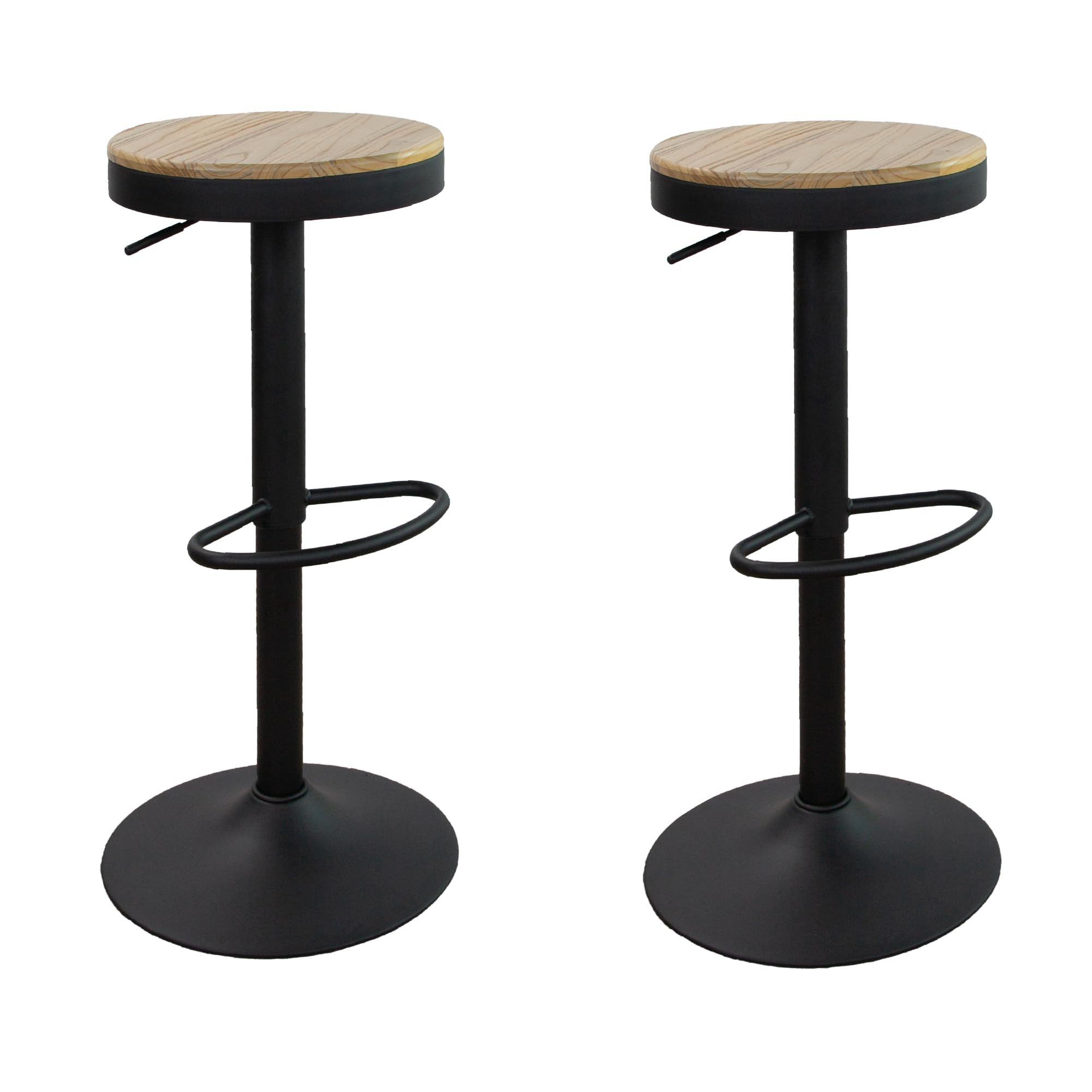 Vaukura Taburetes Cocina, Juego de 2 Taburetes de Bar Giratorios con Reposapiés, Altura Ajustable, Asiento de Madera, Base Metalica, Griratorios 360º, Pistón de Gas (Negro) (Pack 2)