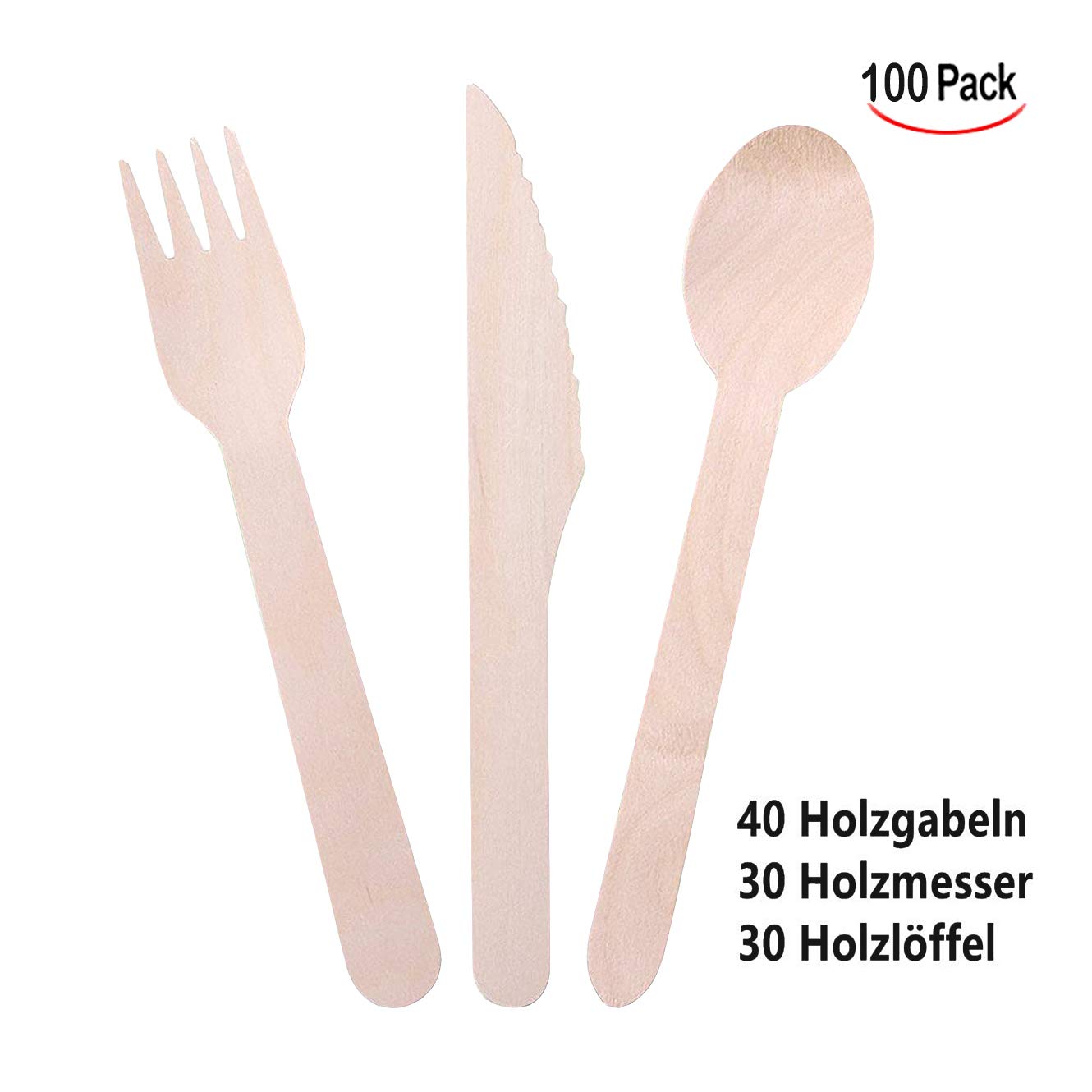 Posate usa e getta in legno biodegradabili compostabili, set per feste campeggio picnic 100 pezzi