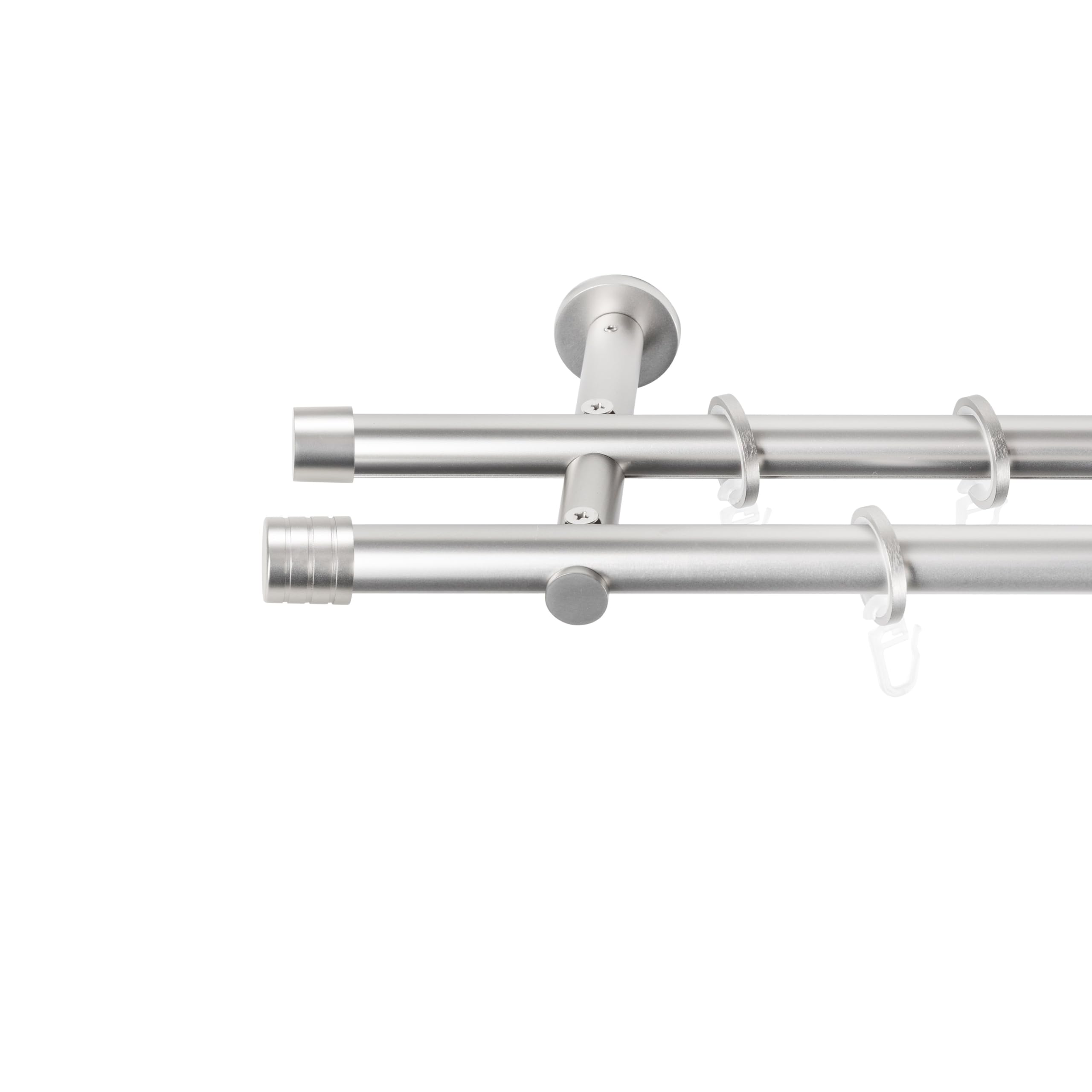 SN Deco Gardinenstange Lille, Ø19 mm 2-läufig Stahl Komplett-Set mit Ringen Auflageträger 180 cm, chrom matt