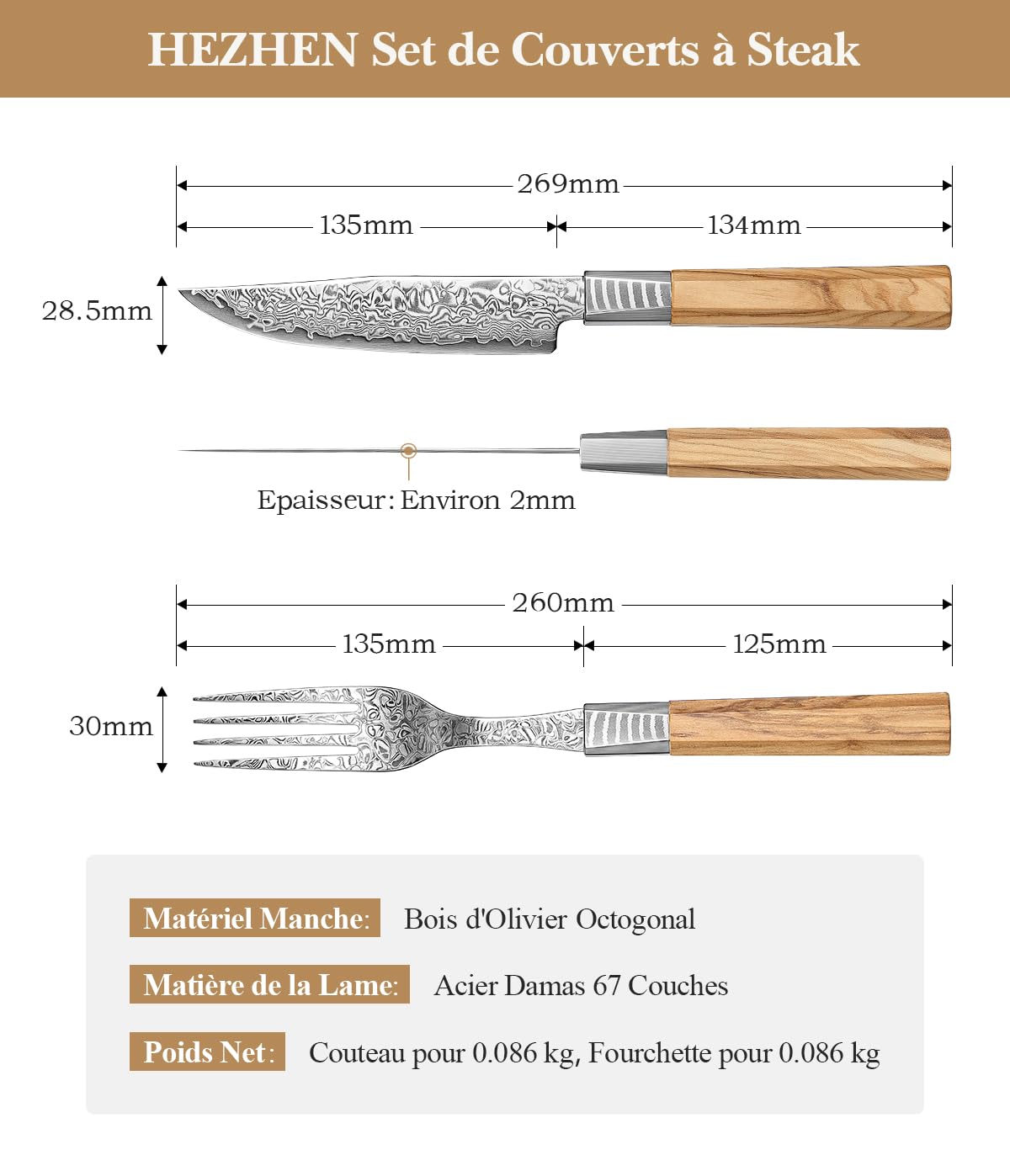 HEZHEN Set de Couverts 2 Pièces, Ensemble de Couteaux à Steak Damas | Inclut des Couteaux à Steak et Fourchettes,Acier Damas à 67 Couches,Manche Octogonal en Bois d'Olivier,pour Couteau de Table