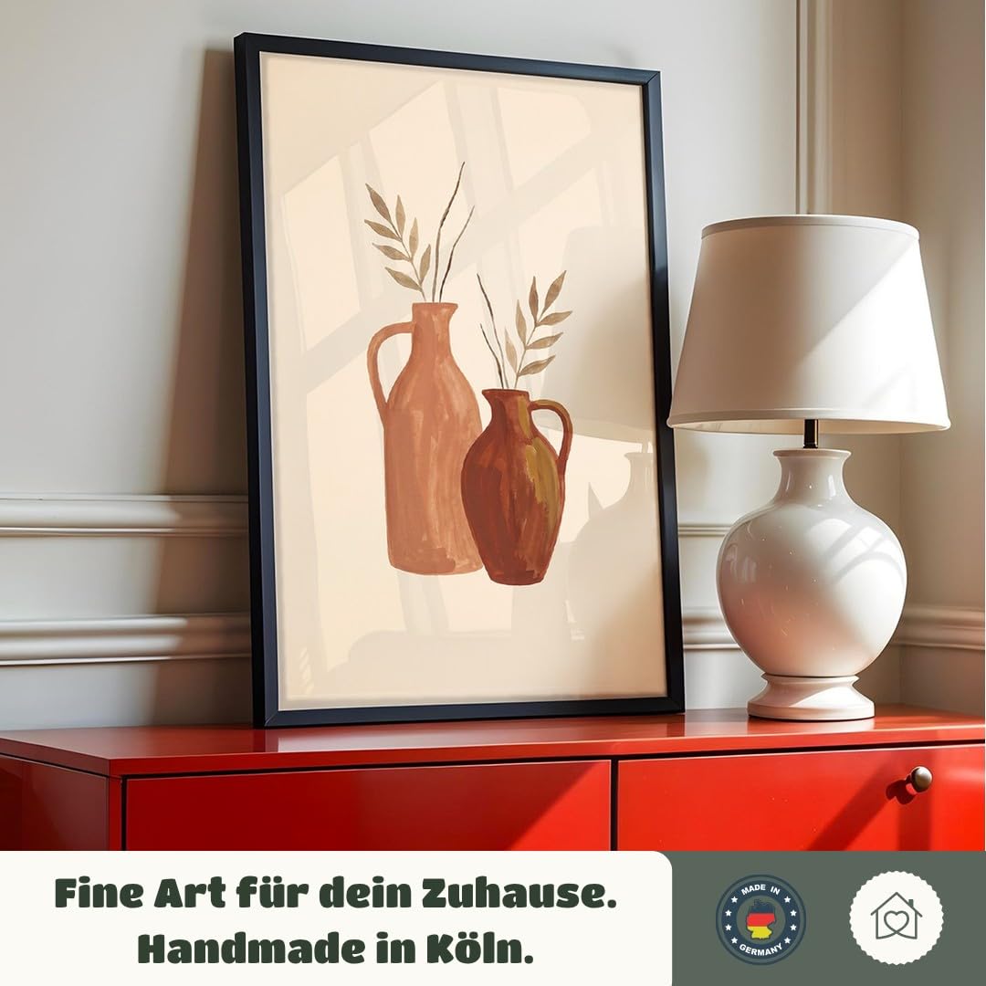 MJ-GRAPHICS® Poster Krüge Kunstdruck Blätter Wandbild minimalistisch Braun Beige Wohnzimmer Deko elegantes Kunstwerk harmonische Atmosphäre ideale Ergänzung A2 mit beigem Rahmen