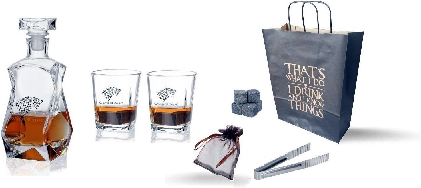 Whiskey Decanter Set - I Drink and I Know Things Game of Thrones Inspired - 2 Scotch Glasses, 750 ml Liquor Dispenser, 4 Stones and Spoon