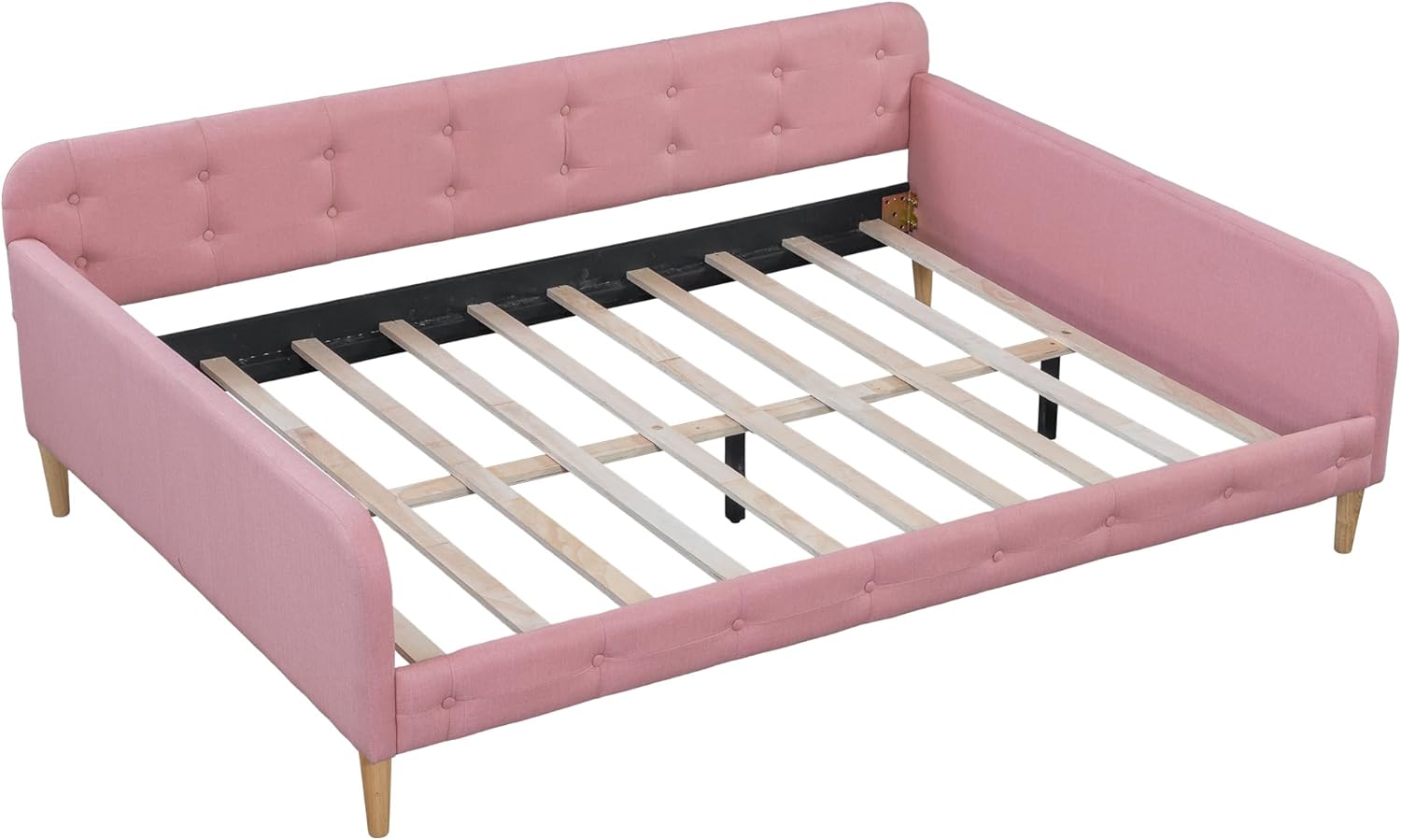 Queen Upholstered Daybed with Wooden Legs & Support Slats, No Box Spring Needed, Sturdy MDF & Pine Frame, Multi-Functional Sofa Bed (Pink, Queen)