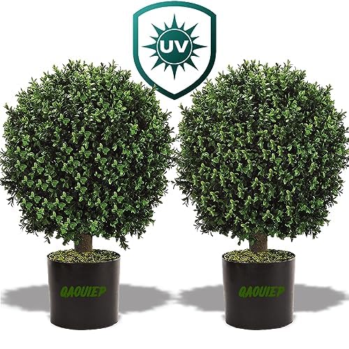 Set of 2-Pre-Potted Artificial Boxwood with White Fruit, 26'' Anti-UV Engineering Grade Material, Decorative Topiary Ball for Indoor Outdoor (26 Inch Green)