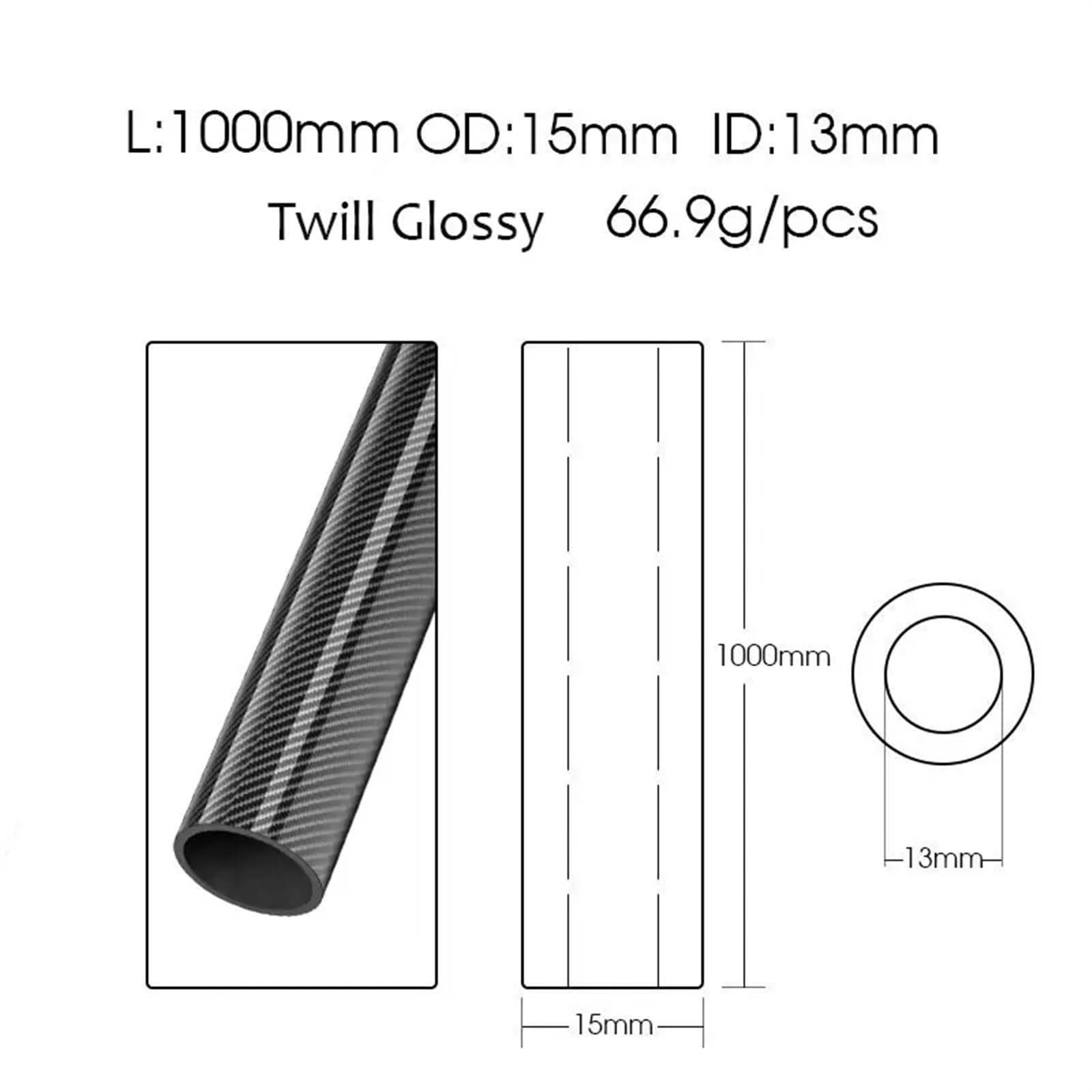 1 Pcs 1000MM High Strength Carbon Fiber Tube Diameter 10mm 12mm 13mm 14mm 15mm Glossy Surface Carbon Fiber Square Tube(15x13 Twill Glossy)