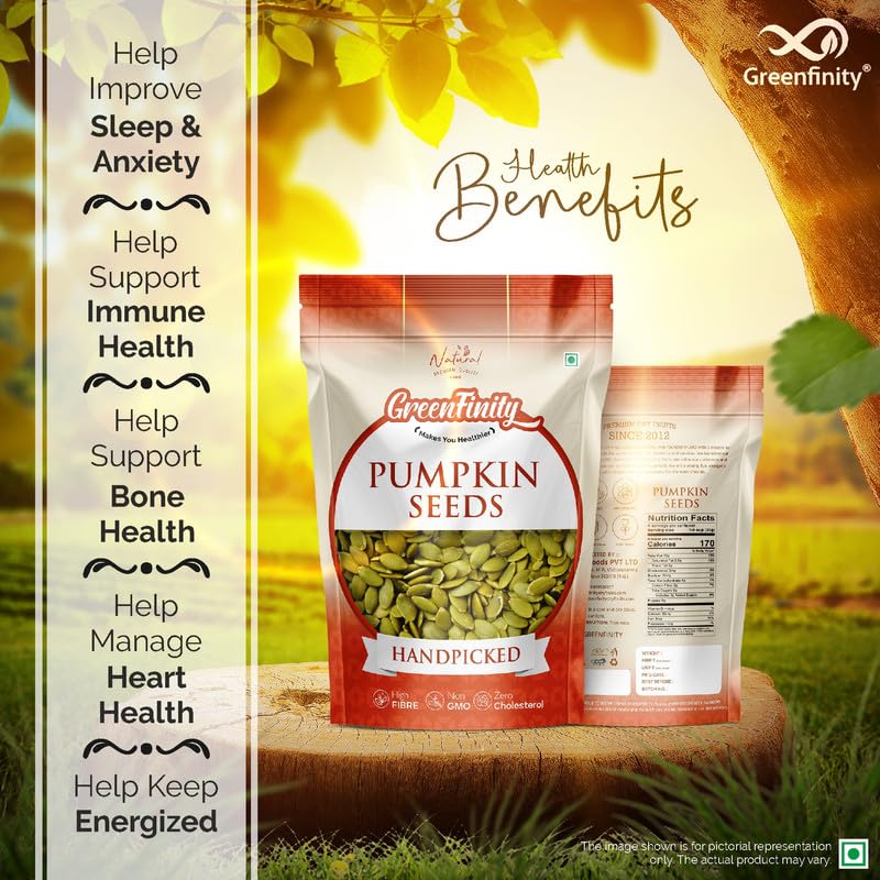 Image of GreenFinity Raw Pumpkin Seeds | Rich in Fiber, Protein and Antioxidants | Healthy Diet Snack Superfood Ideal for Immunity Booster, Cooking, Salads, Baking, Smoothies and Everyday Munching (500g)