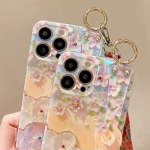 Miniatura 4 de LMEIL Funda con correa de muñeca con diseño de flores y diamantes para Samsung Galaxy S22 Ultra S21FE S20FE A73 A53 A52 A33 A32 5G A23 A22 A13 A12,