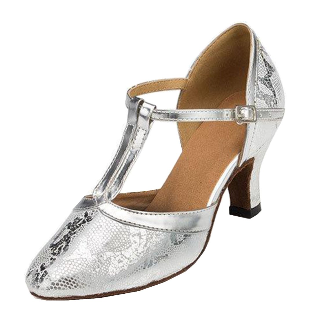 TDA Womens Closed Toe T-Strap Synthetic Silver Latin Modern Salsa Tango Ballroom Wedding Dance Shoes 6.5 M US