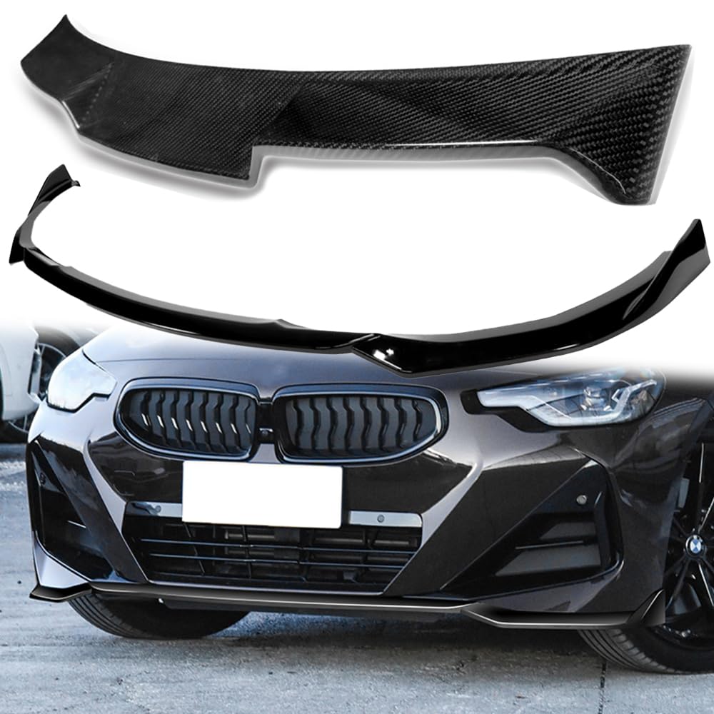 W-POWER, 4PCS Front Bumper Lip & Carbon Fiber Rear Window Roof Spoiler Wing Compatible with 2022-2025 BMW (G42) 2-Series 220i 230i M240i M-Sport Bumper Only (Painted Black Lip)