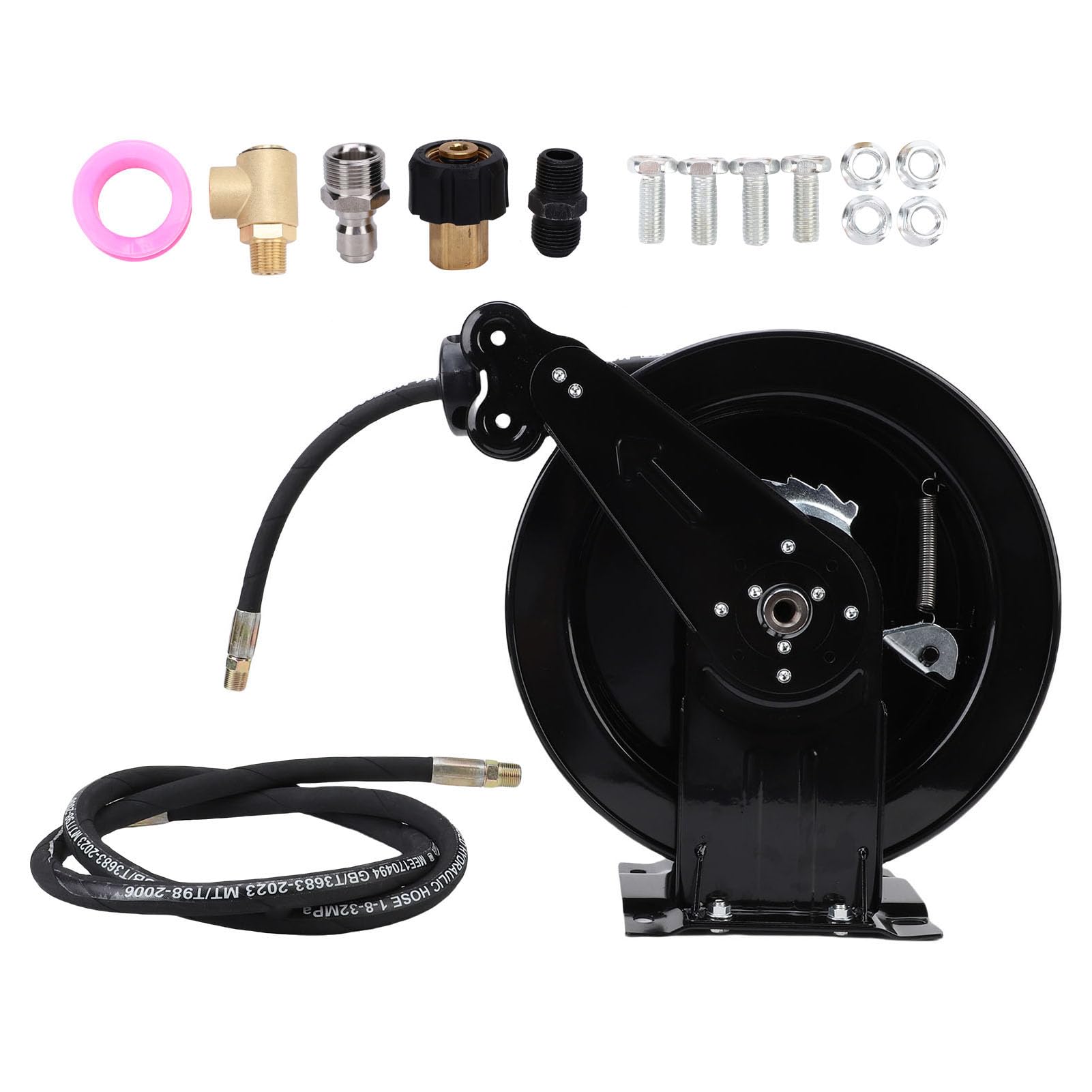 Carrete de Manguera para Lavadora de Alta Presión, Rebobinado Automático Resistente, Retráctil para Jardinería y Mantenimiento de Automóviles, Acero Al Carbono, 32,81 Pies