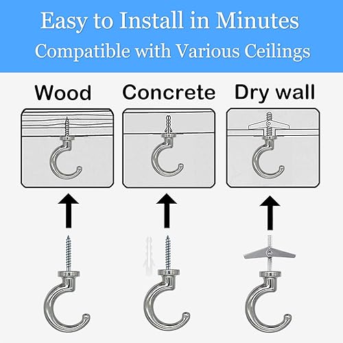 Miniatura 4 de Ganchos de techo grandes resistentes con accesorios para colgar plantas, instalación de techo, fijación de pared con cavidades (4 juegos, plateado)