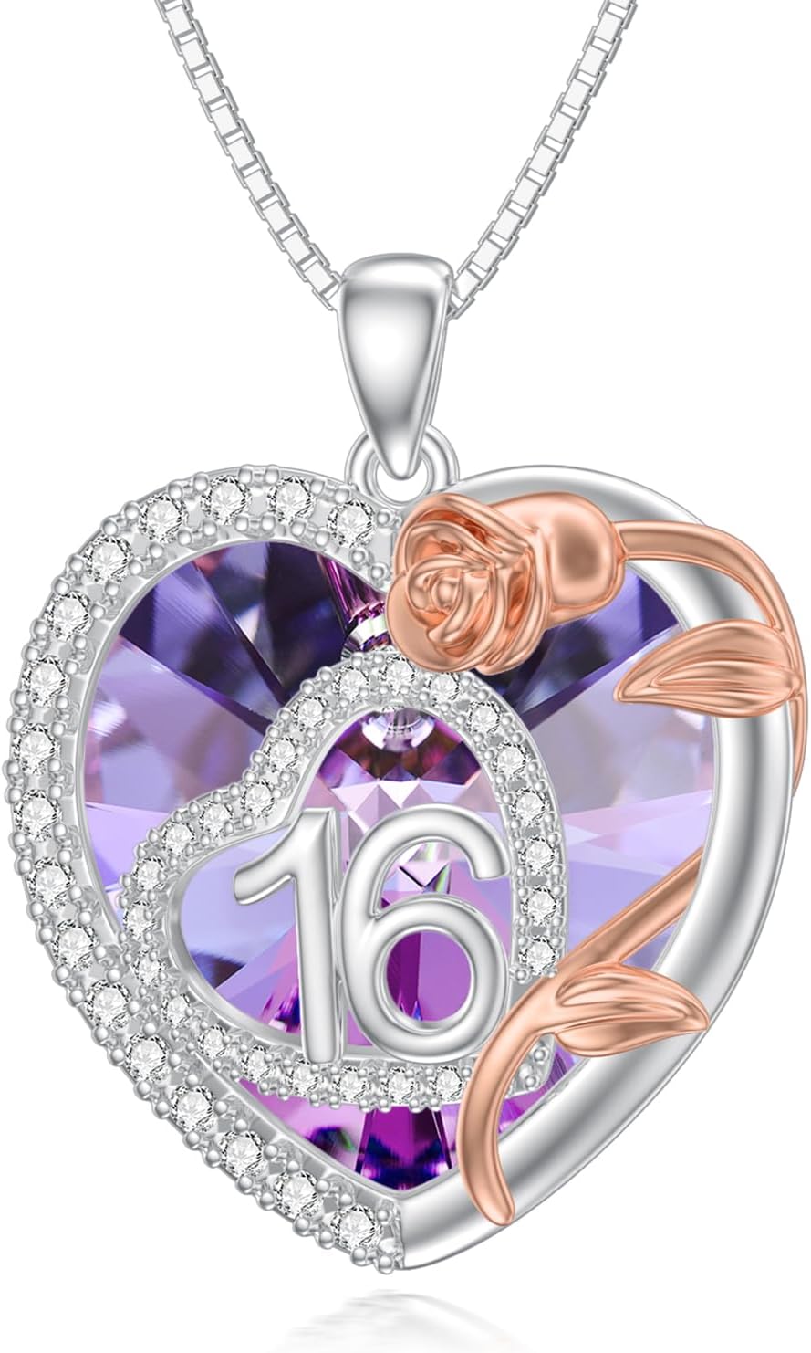 Heart Birthday Necklace for 16 18 30 40 50 60 Year Old Women 925 Sterling Silver 16th 18th 30th 40th 50th 60th Birthday Pendant Crystal Necklace Rose Jewelry Gifts for Mom Grandma Wife Daughter