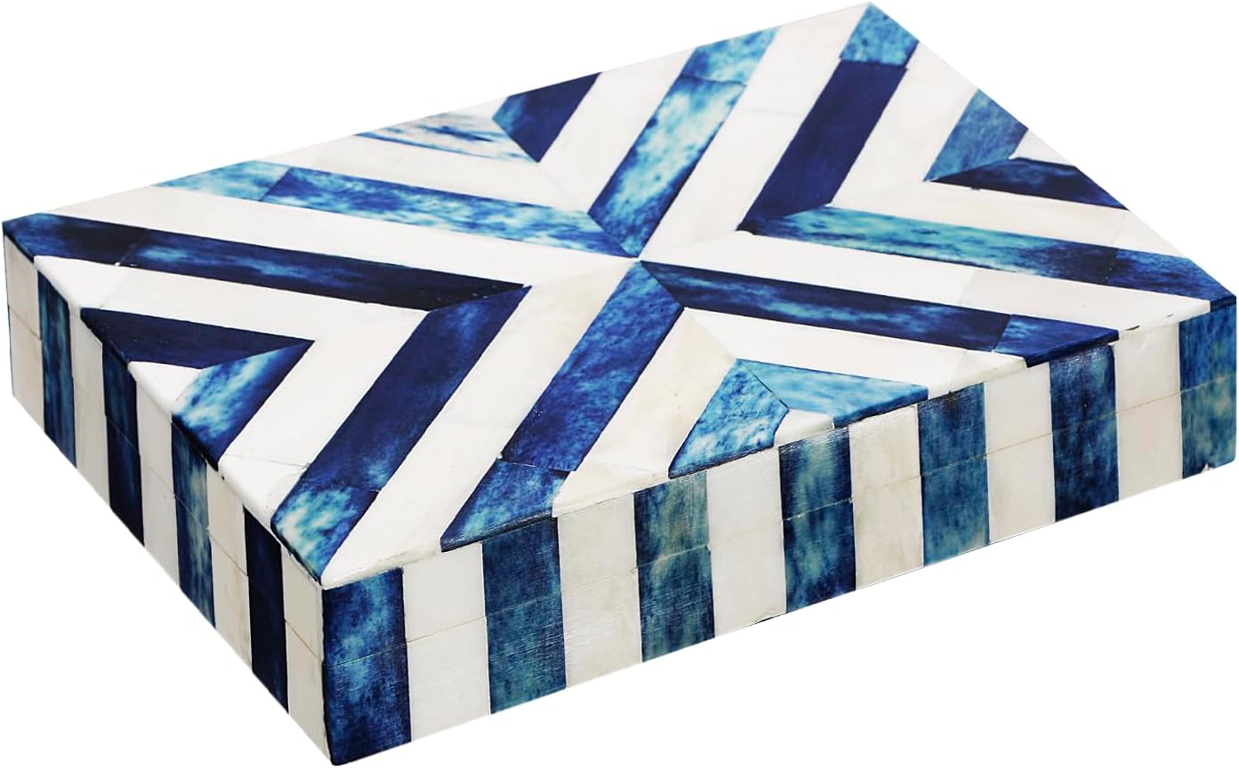 handicrafts home decorative keepsake box 8x5 – small organizer box with lid, boho decorative storage, retro memory box, unique coffee table décor, jewelry or trinket box, modern shelf decorative box chevron blue 8 x 5 x 1.5 in