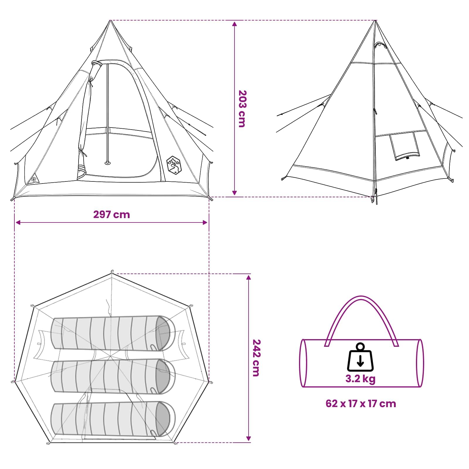 vidaXL Tipi tienda de campaña impermeable para 3 personas, azul, moderna Tipi, resistente al agua para 3 personas, para exteriores, accesorio funcional para acampar con ventana, fácil instalación
