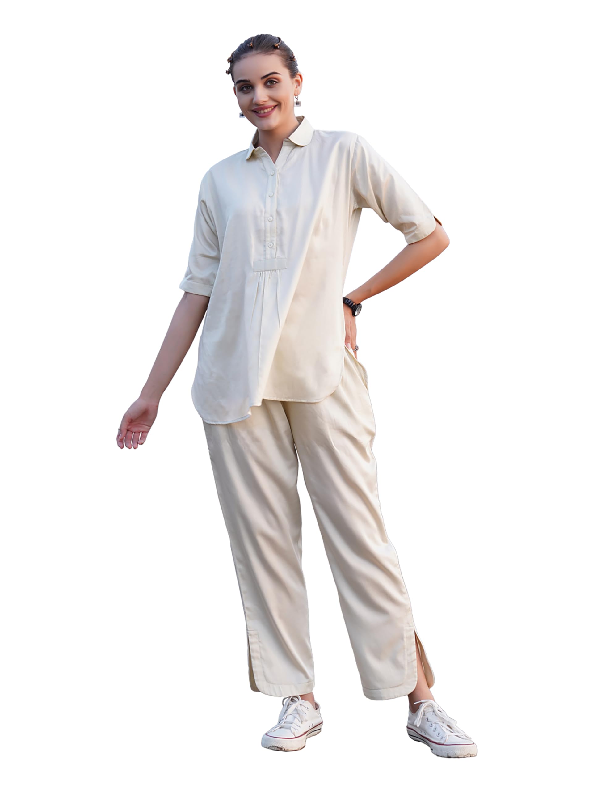 Cotton Silk Summer Co-Ord Set for Women | Mandarin Collar Pleated Tunic with Three-Quarter Sleeves & Elastic Waist Trousers | Office Wear Co-Ord Sets | L to 3XL-image-47