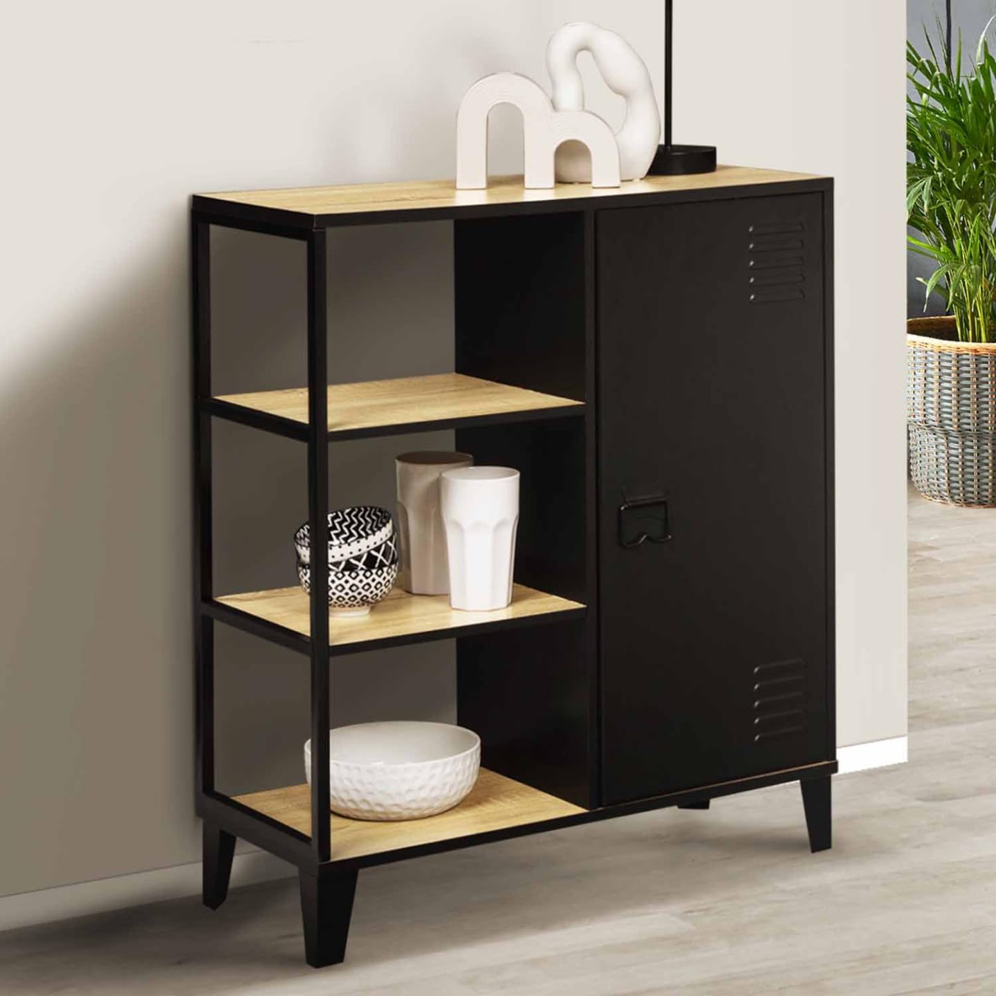 IDMarket - Aparador con 3 estantes y armario de metal negro y tapa de madera de 70 cm, diseño industrial