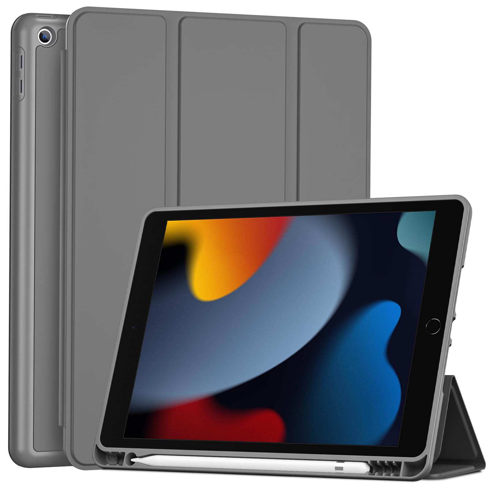 ProCase スマートケース iPad 9/8/7世代対応(2021 2020 2019) 10.2インチ ソフトカバー 軽量 オートスリープ/ウェイクに対応 アップルペンシル収納 耐衝撃 - グレー