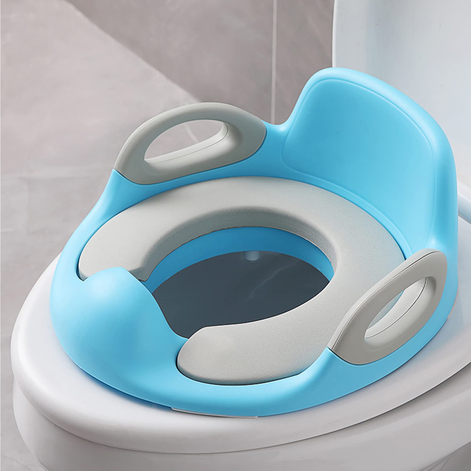 LZQ Abattant de toilette pour enfant de 1 à 8 ans avec rembourrage antidérapant, poignée, dossier et protection anti-éclaboussures (bleu)