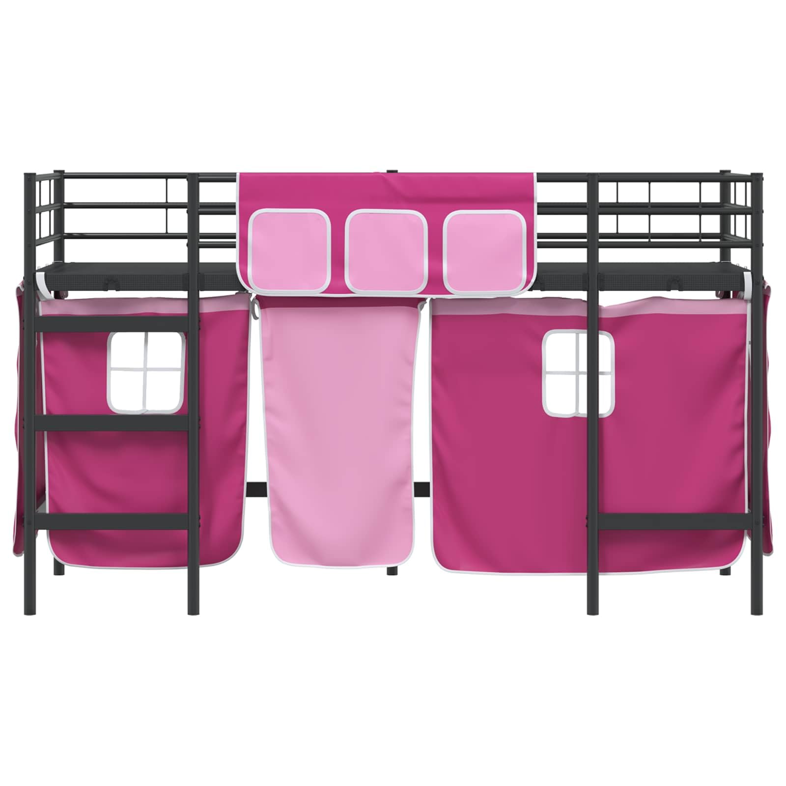 Letto a castello per bambini con tende, nero e rosa, 100 x 190 cm | Struttura in metallo robusta, testiera montata a parete, tende in rete, finitura a polvere durevole