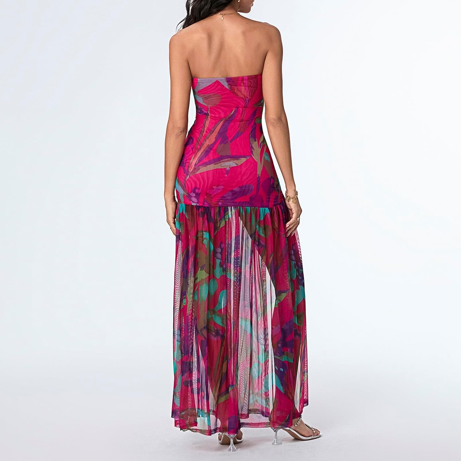 Women's Summer Tube Top Dress Strapless Backless Mesh Patchwork High Slit Maxi Party Dress - Image 5