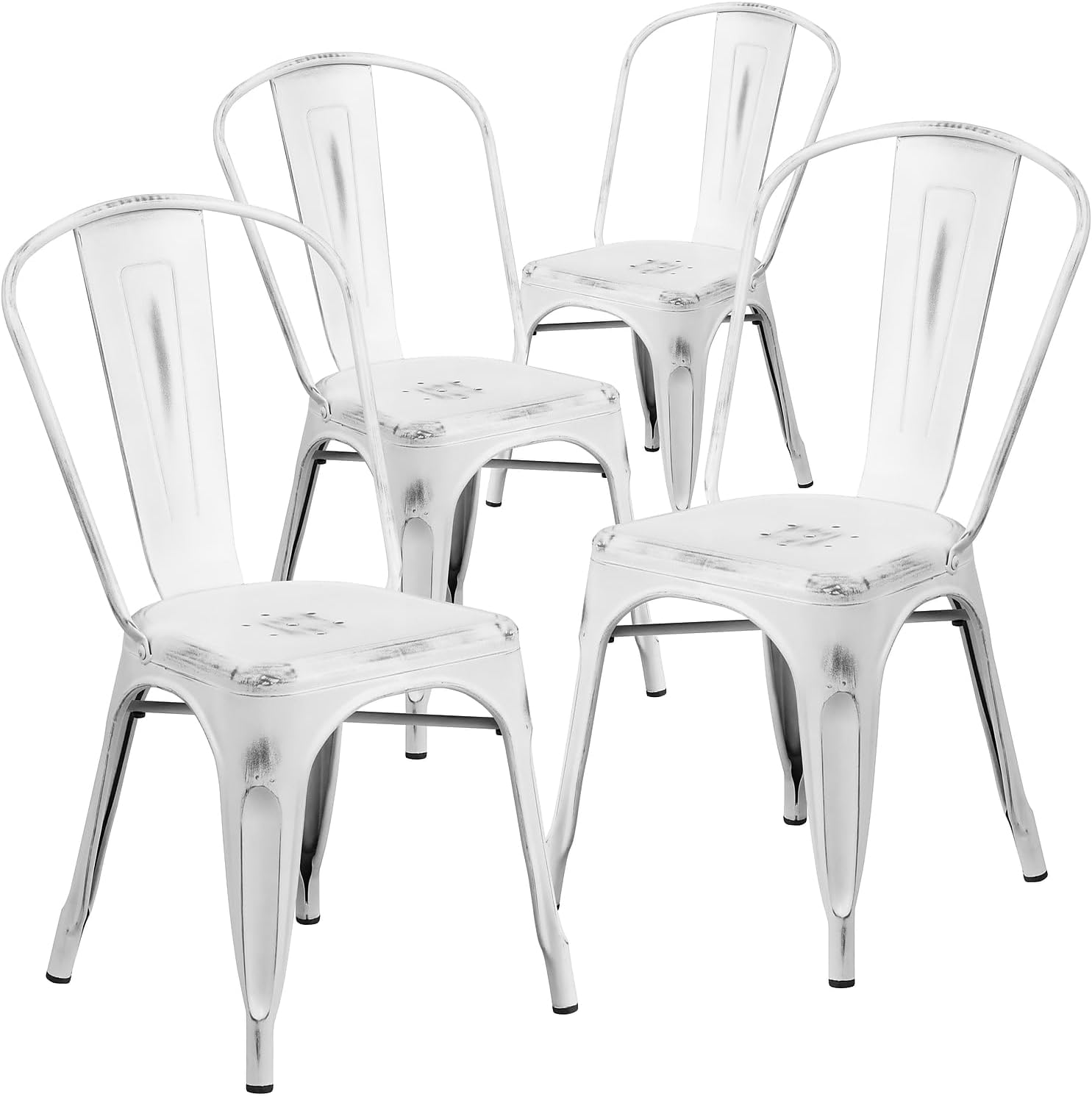 Flash Furniture Blake Commercial Grade 4 Pack Distressed White Metal Indoor-Outdoor Stackable Chair