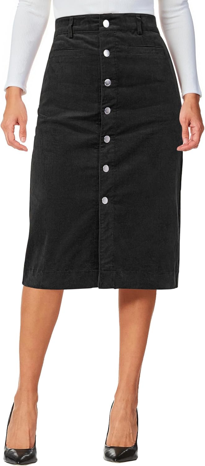 luvamia Corduroy Skirts for Women Midi Length High Waisted Button Down Trendy Stretchy Fall Elastic Waist Casual Skirt