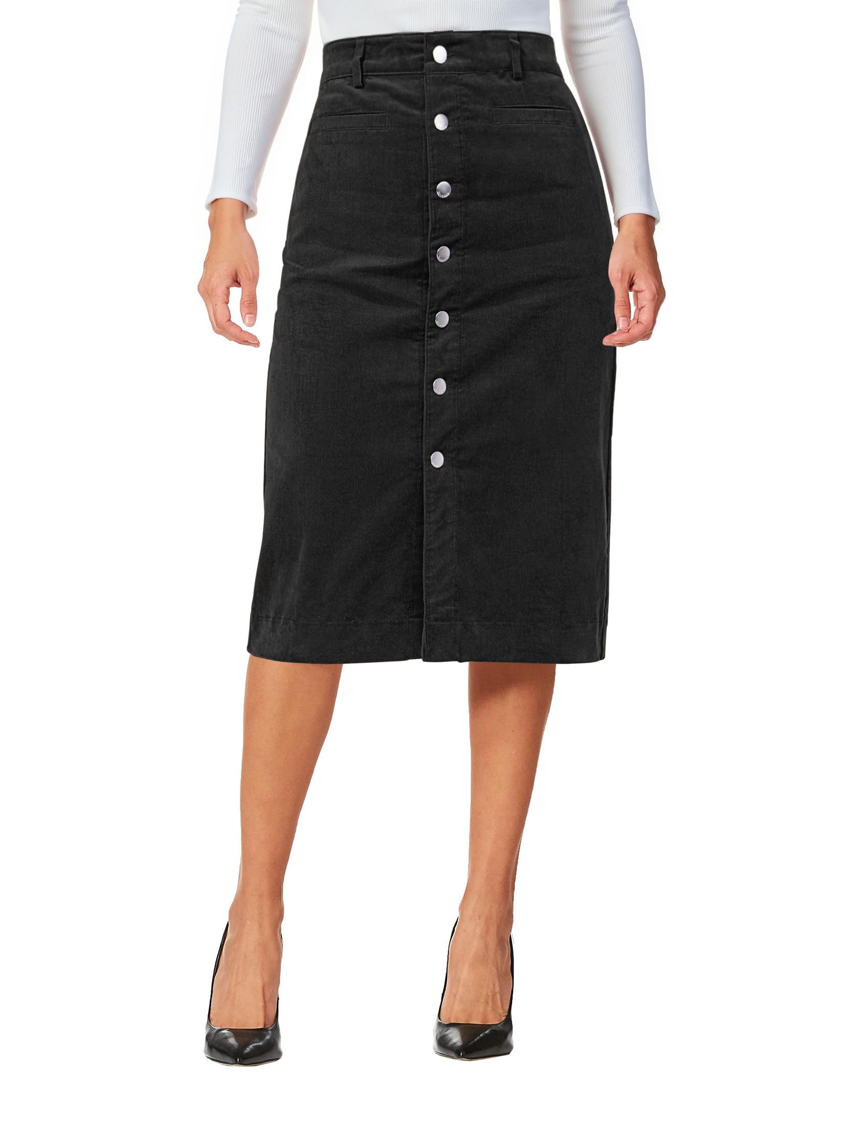 luvamia Corduroy Skirts for Women Midi Length High Waisted Button Down Trendy Stretchy Fall Elastic Waist Casual Skirt