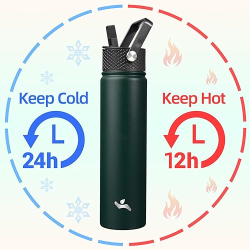 Miniatura 2 de Botella de agua con aislamiento térmico de acero inoxidable de 24 onzas con 3 tapas, verde militar