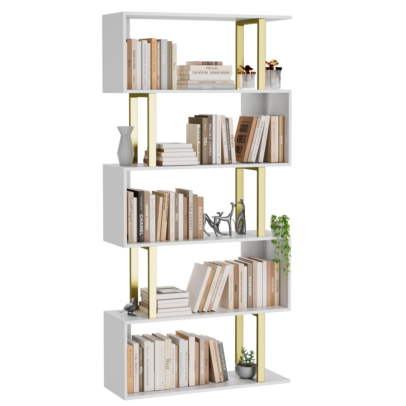 Gadroad Geometric Bookcase,S Shaped Bookshelf, Wood Decorative Storage Shelving, Modern Freestanding Display Shelves, Tall Book Shelf Unit for Living Room Bedroom (Gold, 5 Tier)