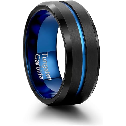 Mens Wedding Band - Premium 8mm Tungsten Ring, Comfort Fit Mens Wedding Ring, Mens Tungsten Wedding Bands, Stylish Blue-Black Mens Rings Tungsten, Ideal for Grooms