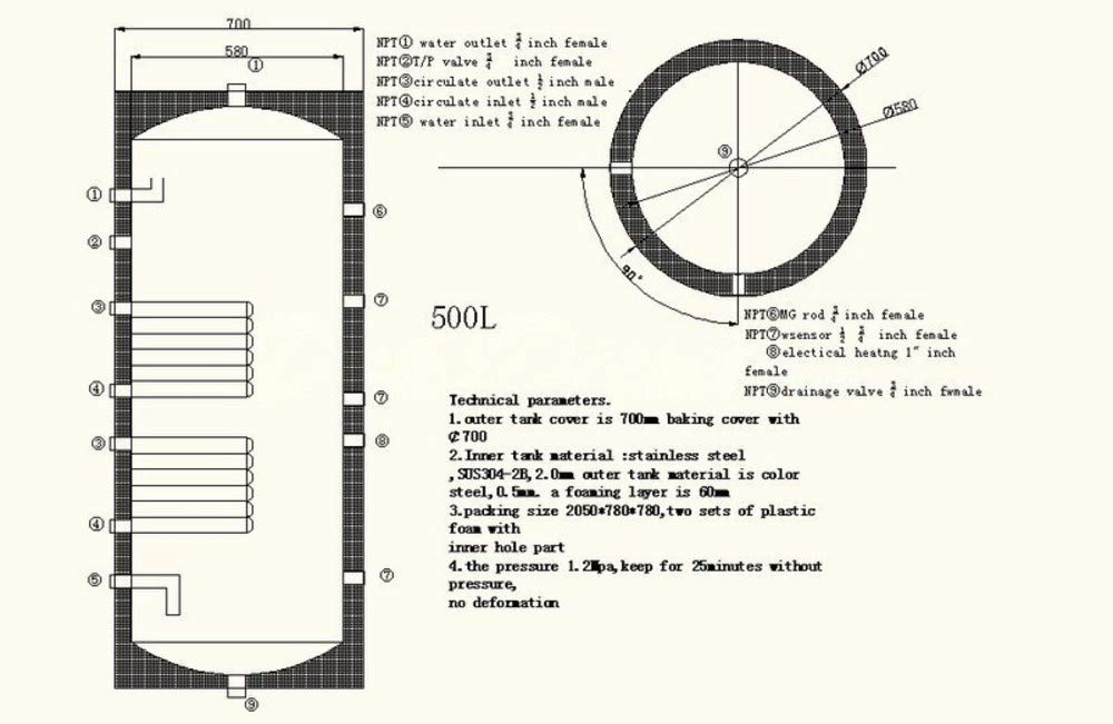 500 Liter 132 Gallon Stainless Steel Solar Hot Water Heater Tank Dual