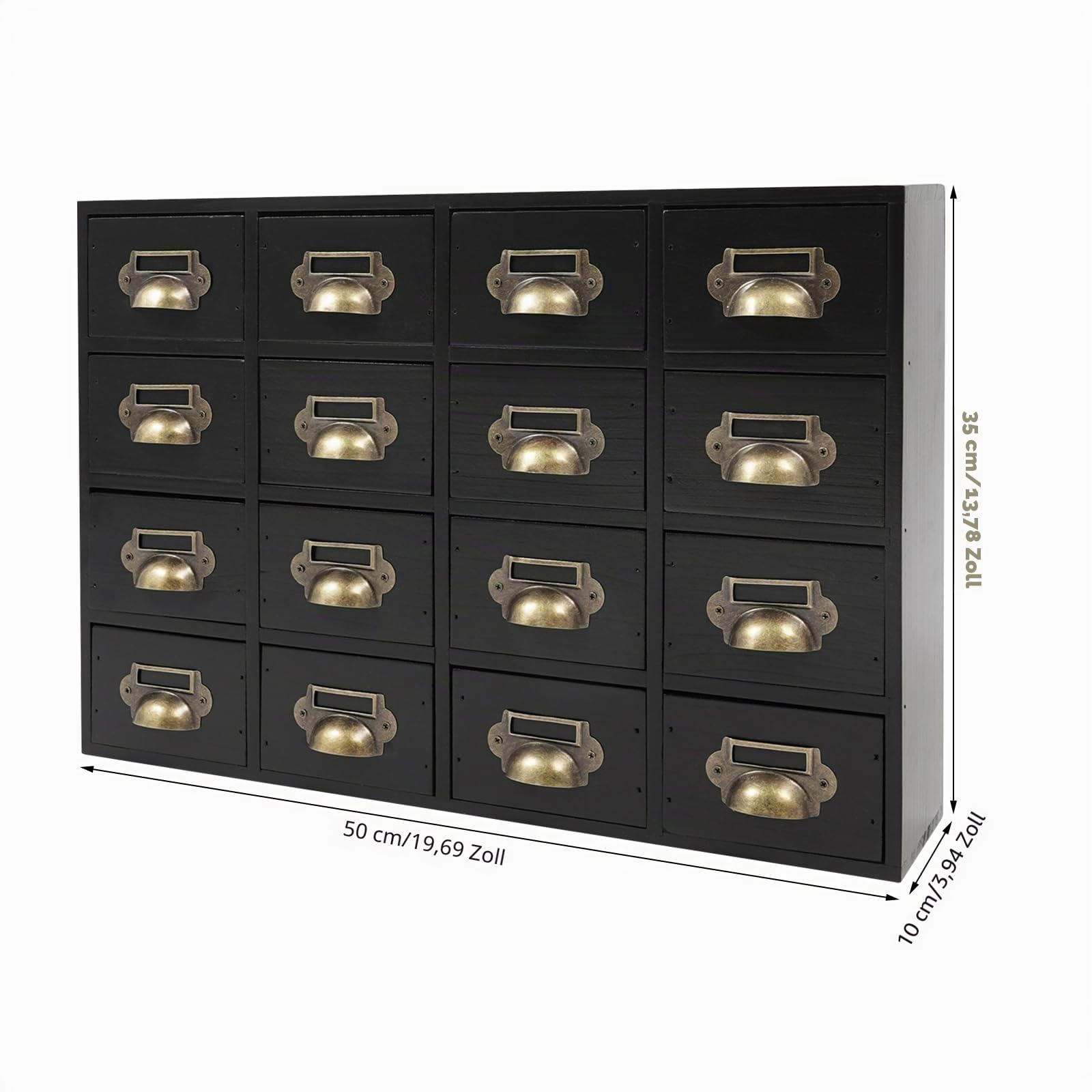 Desktop Schubladenschrank Holz, Klein Vintage Kommode mit 16 Schubladen, 16-Schubladen-Schrank, Schreibtisch-Schubladen-Organisator für Haushalte, Büro, 50x10x35 cm (Schwarz)