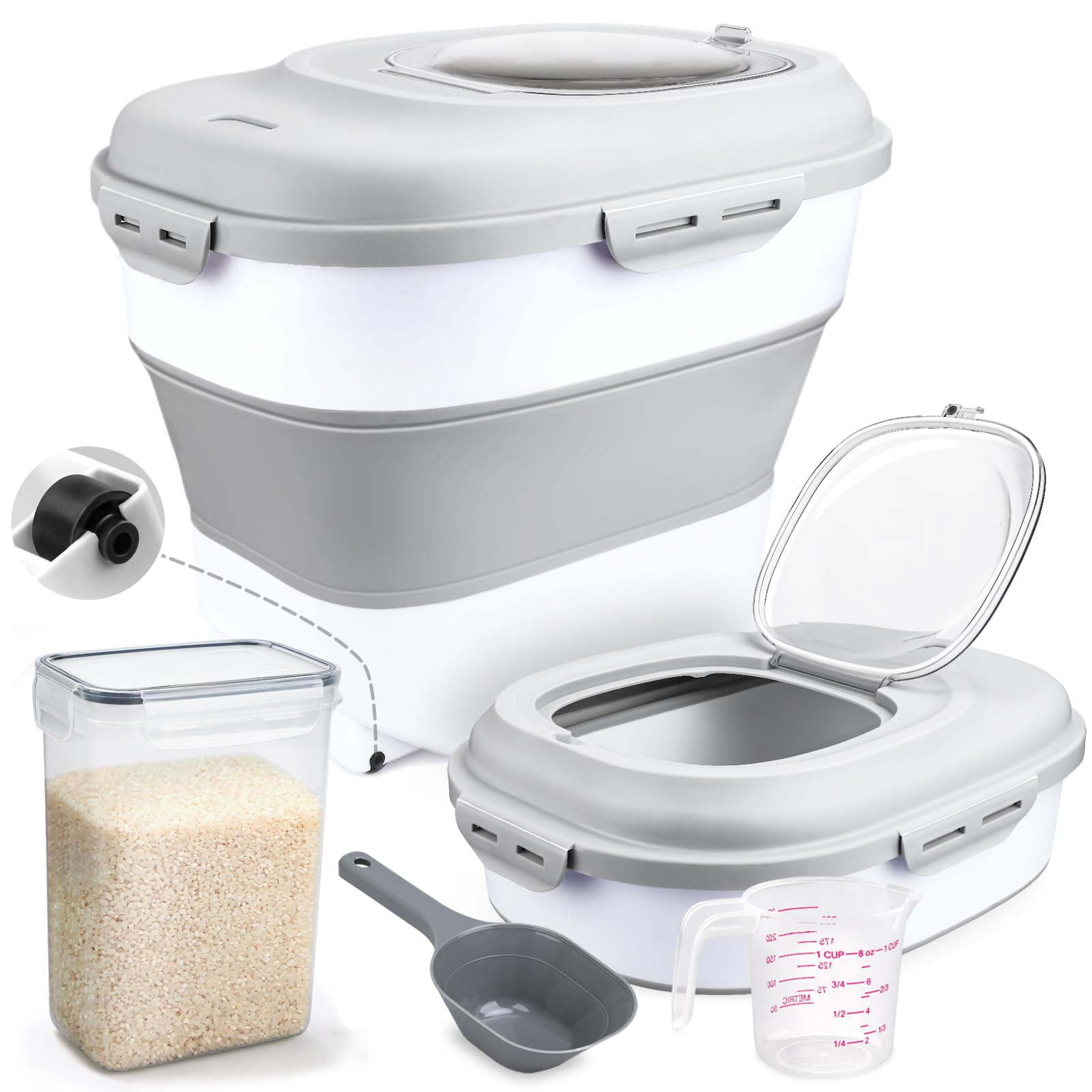 rice storage bin cereal containers, 13-50lb collapsible rice container dispenser with transparent lid, rolling wheels, measuring cup and scoop, airtight dog cat pet food storage container white