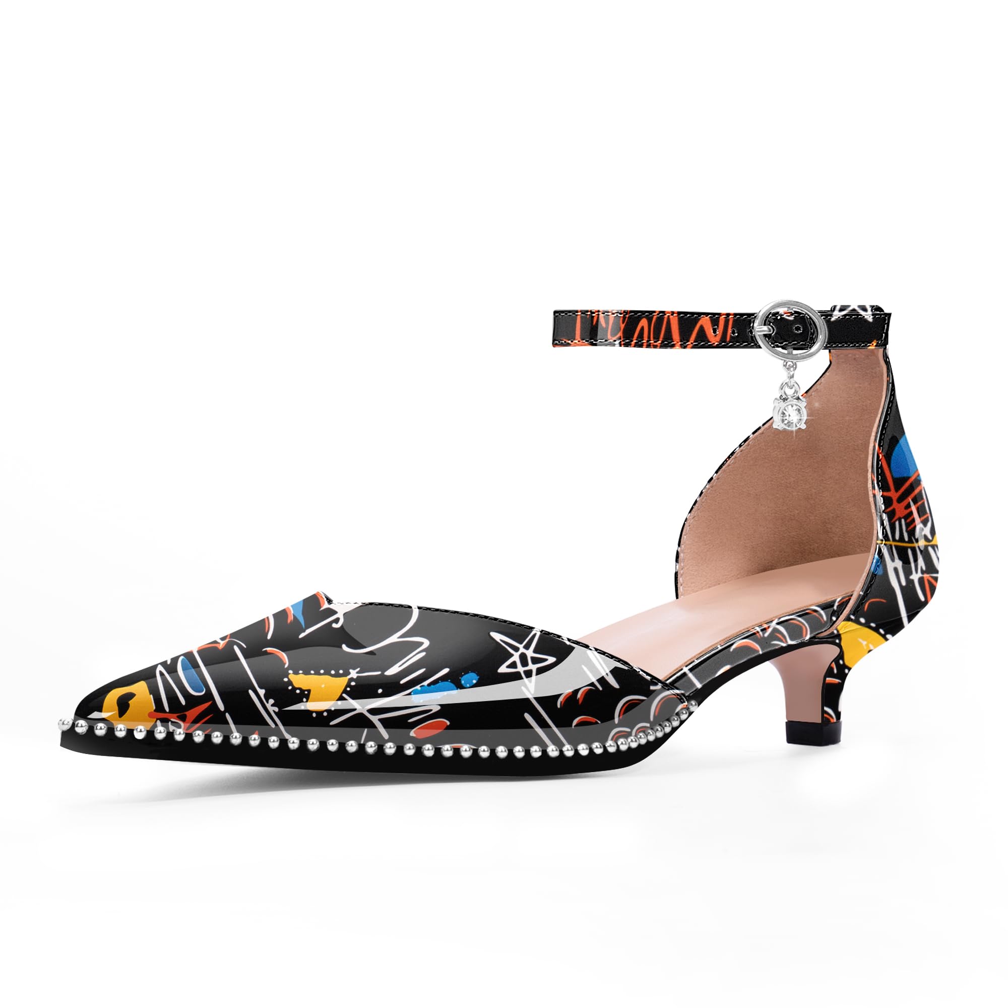 Odetina Women's Low Kitten Heel Pointed Toe Pumps Ankle Strap Patent Leather Prom Wedding Dress Shoes