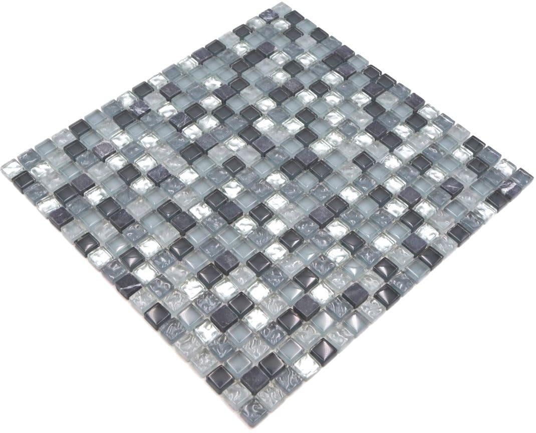 Mosaico di vetro quadrato Crystal/pietra mix trasparente/grigio/argento pietra naturale, 15 x 15 x 8 mm, dimensioni foglio: 322 x 305 mm, 10 fogli
