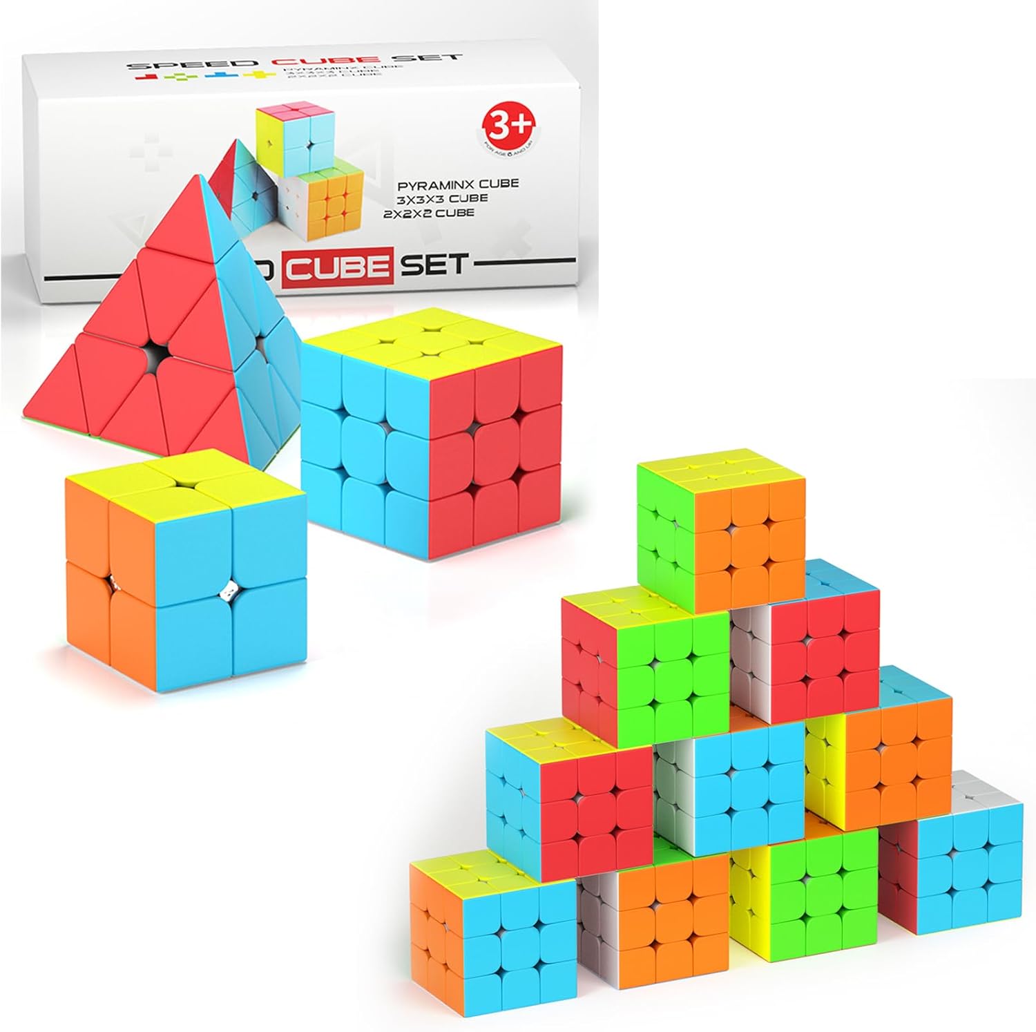 Vdealen 2x2x2 3x3x3 Pyramid Speed Cube Set & 10 Pack Full Size 3x3x3 Speed Cube