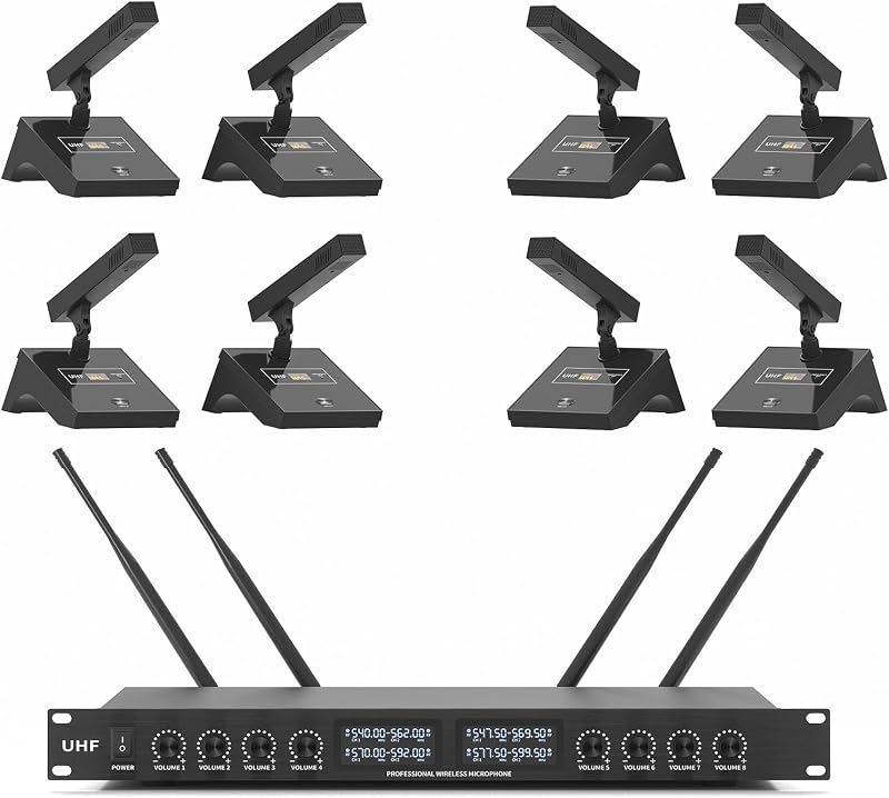 Sistema de micrófono inalámbrico para conferencias YT8, micrófonos de escritorio de 8 canales | UHF 540MHz-599.5MHz, PLL bloqueado, micrófonos para salas de conferencias para hablar en público, conferencias, enseñanza al aire libre