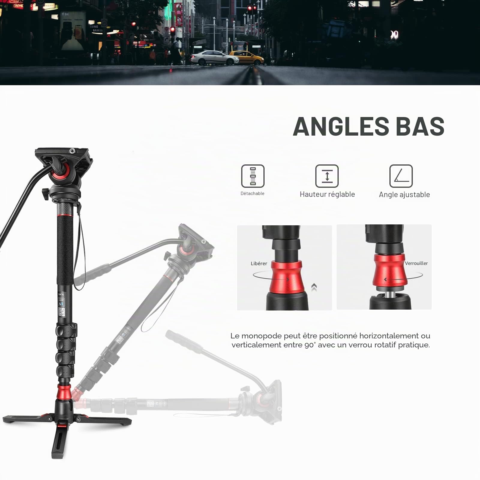 NEEWER GM76 Monopode professionnel pour appareil photo avec pieds, télescopique, portable, en aluminium, tête fluide, inclinable, pied amovible, pour appareil photo reflex numérique, charge maximale 6