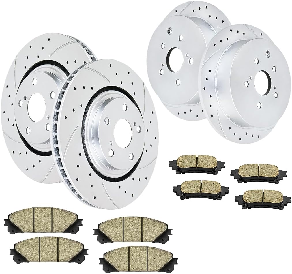 Front and Rear Brake Kit Drilled and Slotted Brake Rotors Ceramic Brake Pads Replacement for Toyota Sienna Highlander Lexus RX350 RX450h