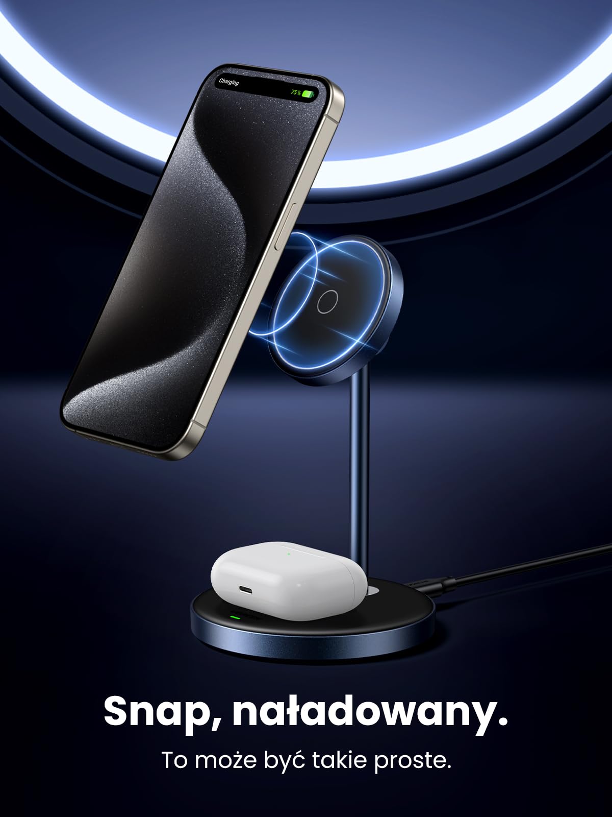 UGREEN Zapix 2 w 1 stacja ładująca do iPhone'a z MagSafe | Ładowarka bezprzewodowa 7,5 W, regulacja 90°, kabel 1 m, kompatybilna z iPhone'ami 17/16/15/14/13/12 i AirPodsami