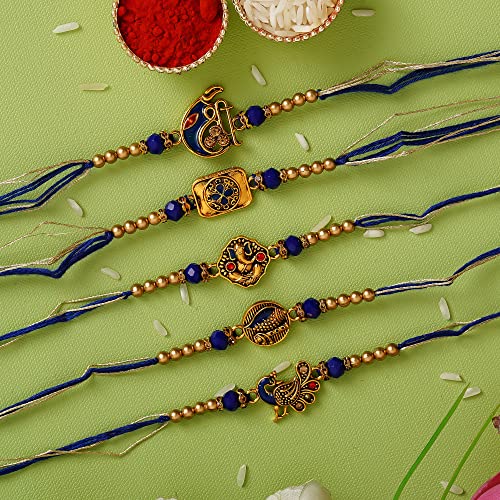 Image of eCraftIndia Set of 5 Blue & Golden Religious Designer Rakhis for Brother Bhabhi Bhaiya Bhai Kids