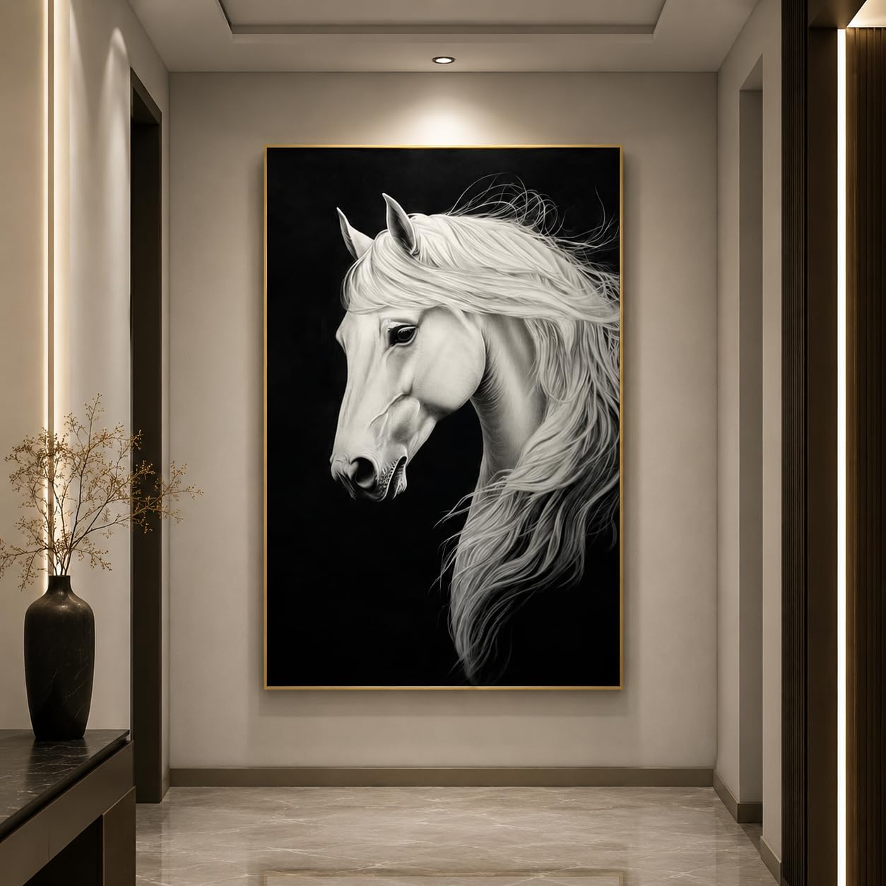 Artsense White Horse Wall Painting with Golden Frame for Living Room | Luxury Black & White Horse Artwork for Home Decor | Premium Framed Wall Art for Bedroom Hall Office | Ready to Hang-image-21