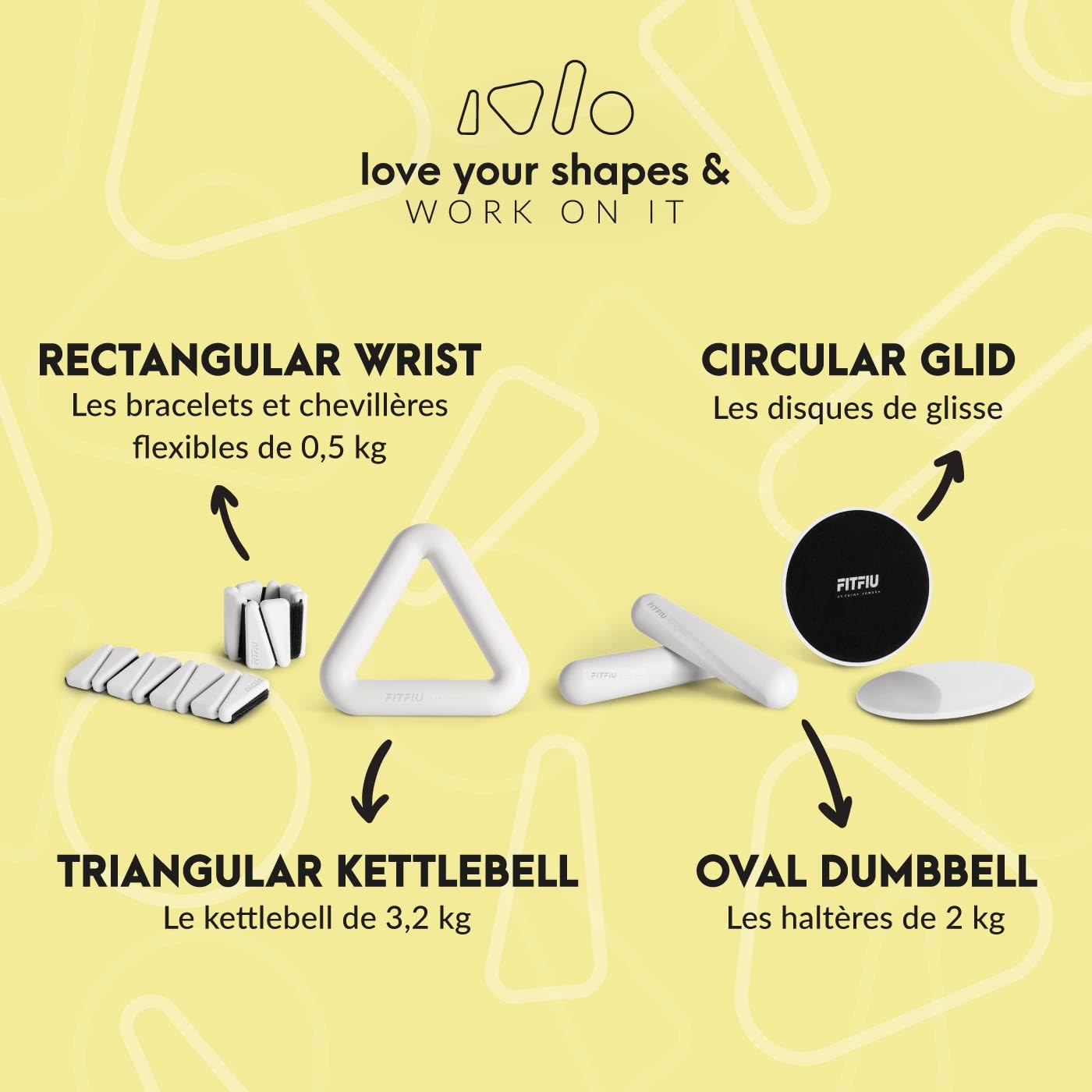 FITFIU Fitness SHAPES KIT - Pack de 4 accessoires sportifs 1 kettlebell 2 dragonnes 2 haltères 2 disques coulissants 1 élastique en acier en silicone blanc SHAPES COLLECTION